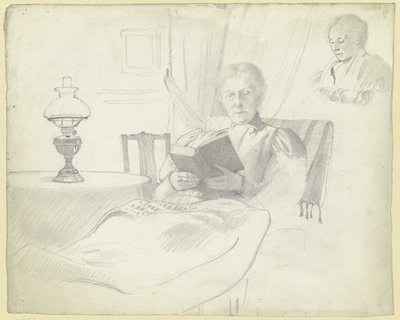 Luise Scholderer che legge con tavolo e lampada, busto di figura femminile sullo sfondo da Otto Scholderer