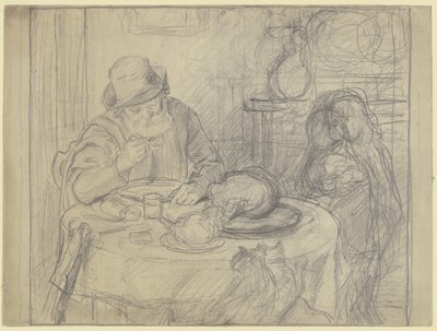 Uomo al tavolo da pranzo con bambino e gatto da Otto Scholderer