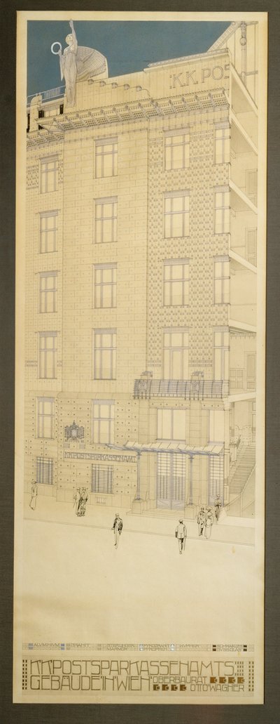 Progetto per il concorso della Cassa di Risparmio Postale di Vienna ... (penna e inchiostro nero, pastello blu, vernice dorata) da Otto Wagner