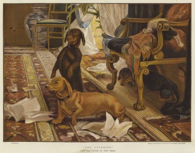 Tre bassotti intorno a una sedia in un soggiorno (litografia a colori) da Otto Weber