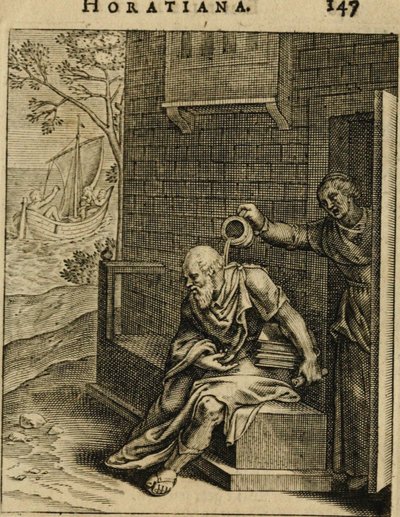 Santippe svuota un vaso da notte su Socrate. Da Emblemata Horatiana, 1607 da Otto van Veen