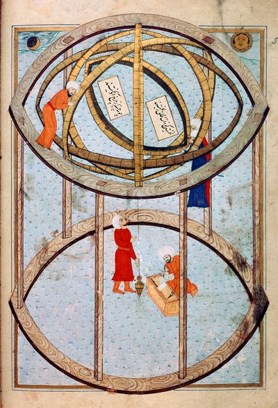 Astronomi che manipolano una grande sfera armillare e strumenti per misurare longitudine e latitudine. Miniatura dal manoscritto ms. FY 1404 