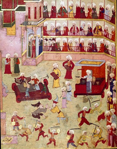 Festeggiamenti organizzati in occasione della circoncisione del figlio del sultano ottomano Murad II (Murat) (1404-1451), giocolieri, acrobati e orafi venuti a presentare campioni. Miniatura del XVI secolo. Istanbul, Biblioteca del Museo Topkapi Sarayi da Ottoman School