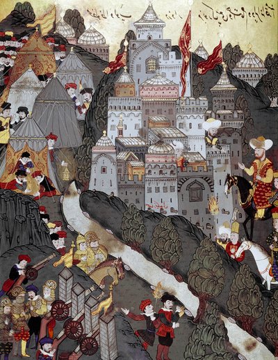 Impero Ottomano: il sultano Bayezid I (Bajazet) (1360 circa - 1402) ritorna vittorioso nella città di Nicopoli dopo la battaglia del 25/09/1396. Miniatura del XVI secolo. Istanbul, Biblioteca del Museo Topkapi Sarayi da Ottoman School