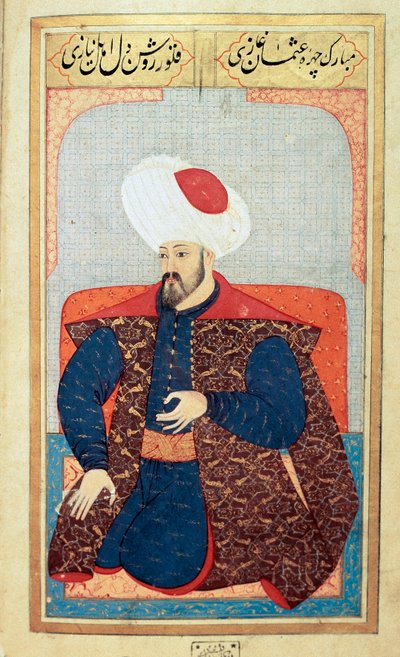 Impero Ottomano: ritratto del primo Sultano Osman I (1258-1326). Miniatura dal manoscritto 