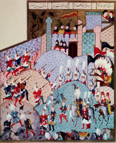 Rappresentazione del Sultano Solimano I detto il Magnifico (1520-1566) e il suo esercito che attacca una città fortificata. Miniatura dal 