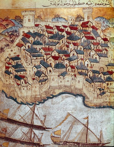 Impero Ottomano: rappresentazione di una città fortificata sulla riva del Danubio conquistata da Solimano I detto il Magnifico (1520-1566) durante la sua marcia su Budapest e Vienna (1526-1529) da Ottoman School
