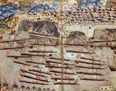 Impero Ottomano: rappresentazione della flotta di Barbarossa di fronte alla città di Nizza. Miniatura tratta dal 