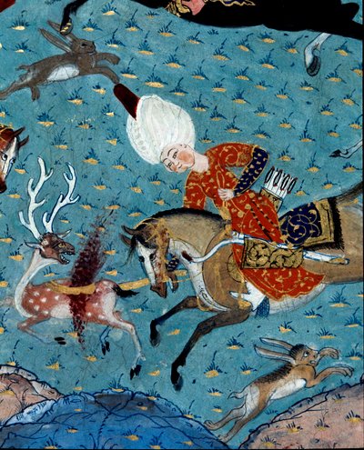 Rappresentazione dei cortigiani del sultano Murad II (Murat) (1404-1451) a caccia di cervi e lepri (dettaglio). Miniatura del XVII secolo. Istanbul, Biblioteca del Museo Topkapi Sarayi da Ottoman School