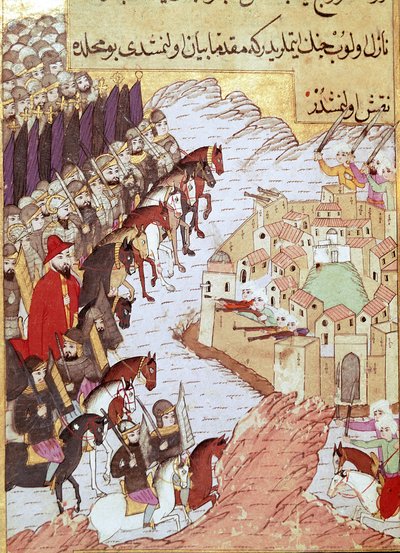 Seconda Crociata (1147-1149): i crociati davanti alla città di Aleppo in Siria. Miniatura del XVI secolo. Topkapi Sarayi, Istanbul da Ottoman School