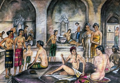 Bagno turco, acquerello, civiltà ottomana da Ottoman School