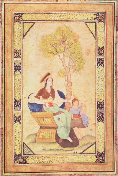 Donna seduta con una giovane ragazza in un giardino, da Album di pezzi calligrafici e miniature da Ottoman School