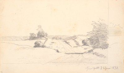Una strada di campagna con alcuni cespugli in primo piano. Sullo sfondo un bordo della foresta da P.C. Skovgaard