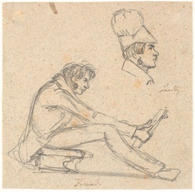 H.E. Freund seduto su uno sgabello che osserva un disegno. In alto a destra ritratto di profilo di J. Th. Lundbye da P.C. Skovgaard