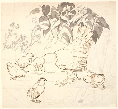 Gallina con i suoi pulcini in una composizione circolare da P.C. Skovgaard