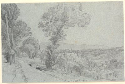 Paesaggio montano italiano con vista verso "Genazzano 9 luglio 1869." da P.C. Skovgaard