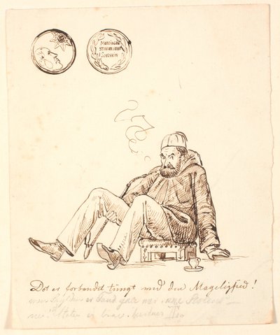 Caricatura di Johan Thomas Lundbye con Fez, Pipa Lunga e Tazza di Caffè, Seduto su uno Sgabello Orientale. In Alto Medaglia con l