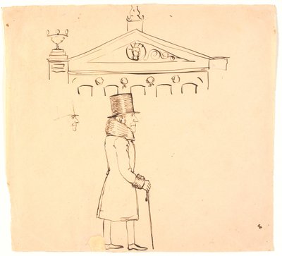 Caricatura di un signore in pelliccia fuori dal Casino da P.C. Skovgaard
