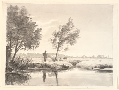 Paesaggio con campi, alberi, mucche e un contadino che si specchia nell