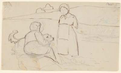 Ragazzo seduto con cane e ragazza in piedi in un paesaggio da P.C. Skovgaard