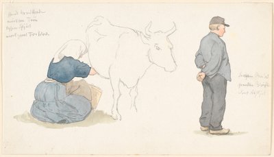 Studio di una ragazza che munge una mucca, a destra un contadino in piedi da P.C. Skovgaard