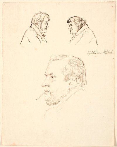 Due teste di uomini caricaturali di profilo e in basso un ritratto maschile di profilo verso sinistra da P.C. Skovgaard