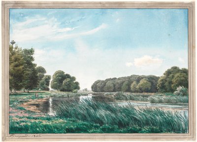 Paesaggio boscoso con un lago e tre bambini che pescano da P.C. Skovgaard