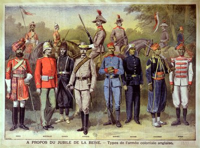 Eserciti coloniali inglesi nelle loro rispettive uniformi in celebrazione del Giubileo della Regina Vittoria, 21 giugno 1883, illustrazione da 
