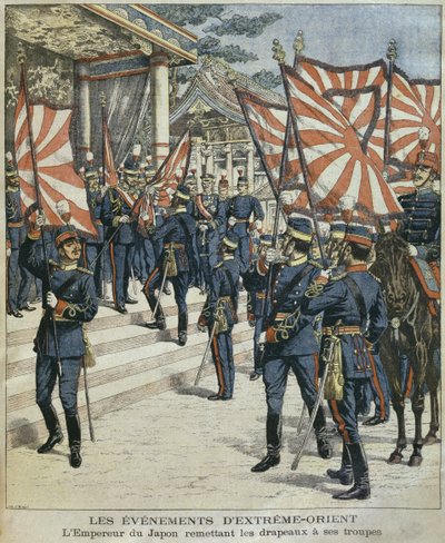 Sua Maestà Imperiale Mutsuhito, Imperatore del Giappone, consegna le bandiere alle sue truppe, illustrazione da 