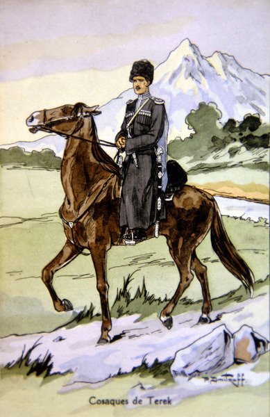 Cartolina raffigurante un Cosacco del Terek, c.1914 da P. (after) Dmitroff
