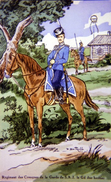 Cartolina che raffigura un cavaliere del Reggimento dei Cosacchi della Guardia di S.A.I da P. (after) Dmitroff