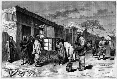 Attività nelle strade di Pechino, con un diorama del XIX secolo. Incisione da un disegno di Sellier, da una fotografia di Thomson, in "Le Tour du Monde, Nouveau journal des Voyages", a cura di Edouard Charton, Parigi da P. (after) Sellier