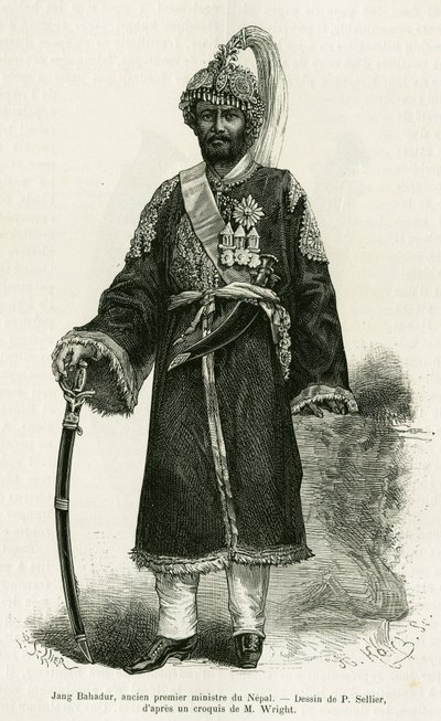 Jang Bahadur (1816-1877), Primo Ministro del Nepal. Incisione di P.Sellier per illustrare la storia Voyage au Nepal, di Dr. Gustave Le Bon (1841-1931), in le tour du monde 1886, diretta da Edouard Charton (1807-1890), Hachette, Parigi. da P. (after) Sellier