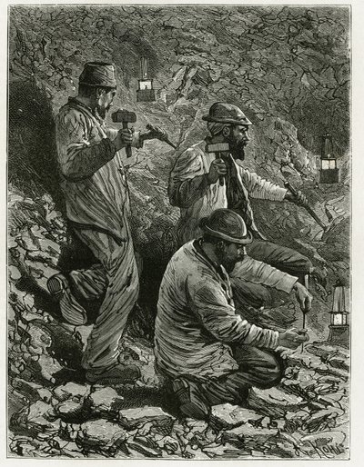 Minatori che estraggono carbone nella vena. Incisione di Ferat, per illustrare la storia "Belgio", di Camille Lemonnier. Pubblicato in Le Tour du monde, nuovo giornale dei viaggi, 2° semestre 1884 da P. Ferat