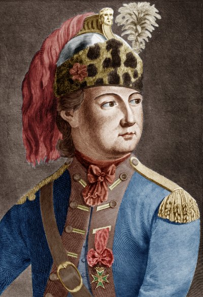 Cavaliere di Eon (1728-1810), agente segreto francese per il re, era solito travestirsi, incisione colorata da P. Jean Baptiste Bradel