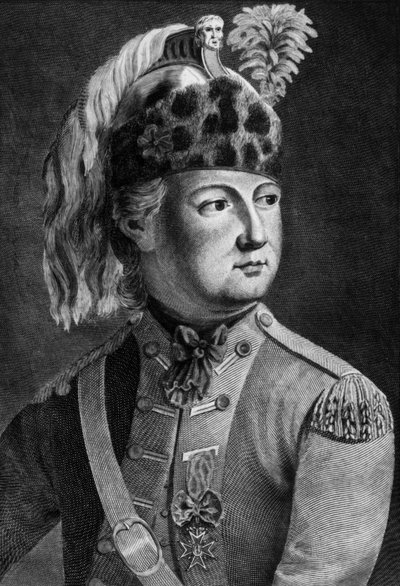 Cavaliere di Eon (1728-1810), agente segreto francese per il re, era solito travestirsi, incisione da P. Jean Baptiste Bradel
