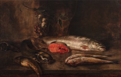 Natura morta di pesci con carpa, pesce gatto, salmone, triglia rossa, anguille e sogliola su un tavolo con aglio e scalogno appesi, pesci morti, c.1775-1800 da P. Romney