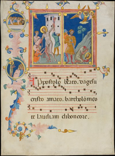 Foglio di manoscritto con il martirio di San Bartolomeo, da un Laudario da Pacino di Bonaguida