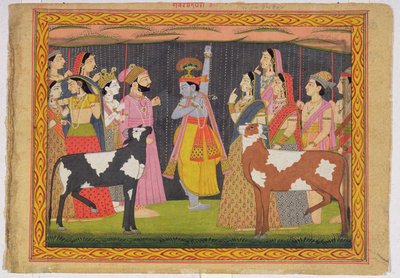Krishna solleva il Monte Govardhana, dal Bhagavata Purana, Kulu, Himachal Pradesh, 1749 da Pahari School
