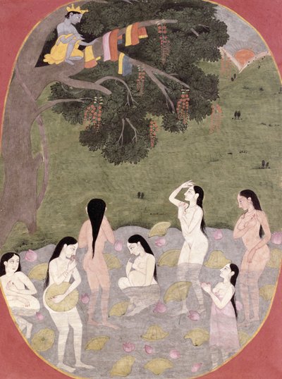 Krishna con i vestiti delle ragazze delle mucche, Tehri-Garhwal, c.1820-30 da Pahari School