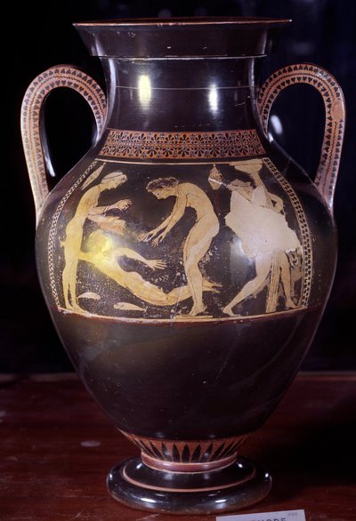 Anfora ceramica attica con figure bianche che rappresentano una scena di bagno di donna. È attribuita ad Andokides (VI secolo a.C.). Da Etruria. 525-520 a.C. Dim. 0,4x0,25 m. Parigi, Museo del Louvre da Painter Andokides