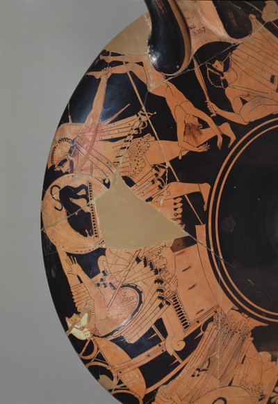 Dettaglio di una coppa a figure rosse attica che raffigura Neottolemo che cerca di uccidere Priamo con il cadavere di Astianatte, c.490 a.C. da Painter Brygos