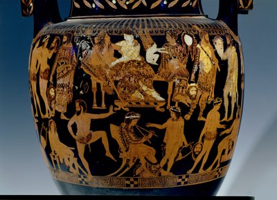 Cratere a volute a figure rosse attiche, dettaglio della scena di attori e musicisti che si preparano per una rappresentazione davanti a Bacco e Arianna, greco, da Ruvo, V secolo a.C. da Painter Pronomos