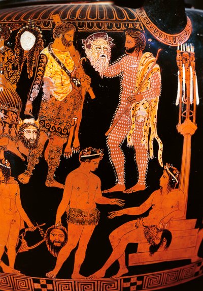 Cratere a volute a figure rosse con un attore che tiene la sua maschera, da Ruvo, c.410 a.C. da Painter Pronomos