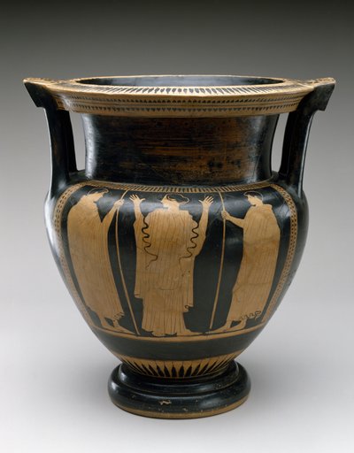 Cratere a colonna a figure rosse con scena di una donna e due giovani, 480-460 a.C. da Painter Syriskos