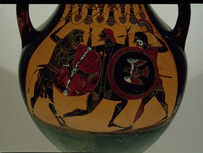 Anfora attica a figure nere decorata con una scena di Eracle vestito con una pelle di leone che combatte Cigno, c.540 a.C. (ceramica) da Painter of Berlin