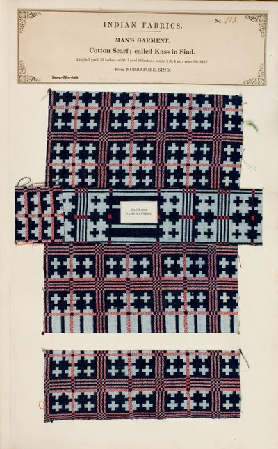 Campione di sciarpa in cotone da Nurrapore in Sind, da The Collection of the Textile Manufacturers of India, di John Forbes Watson, pubblicato nel 1866 da Pakistani School