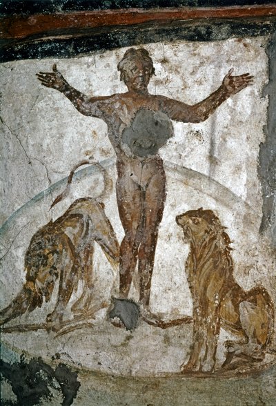 ARTE PALEOCRISTIANA: Catacombe. Daniele nella fossa dei leoni, IV secolo (affresco) da Paleo Christian