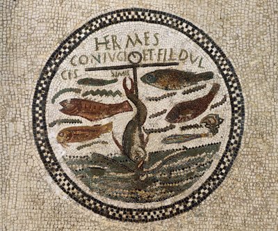 Mosaico con ancora circondata da pesci, simbolo di Cristo e dei suoi seguaci, Catacombe di Sousse, Tunisia, periodo paleocristiano, IV secolo da Paleo Christian