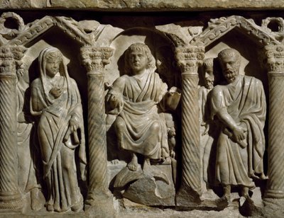 Sarcofago paleocristiano noto anche come Sarcofago del Beato Egidio, marmo, Oratorio di San Bernardino, Perugia, Umbria (dettaglio) da Paleo Christian